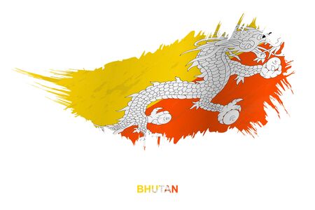 Flag of Bhutan in grunge style with waving effect, vector grunge brush stroke flag.のイラスト素材