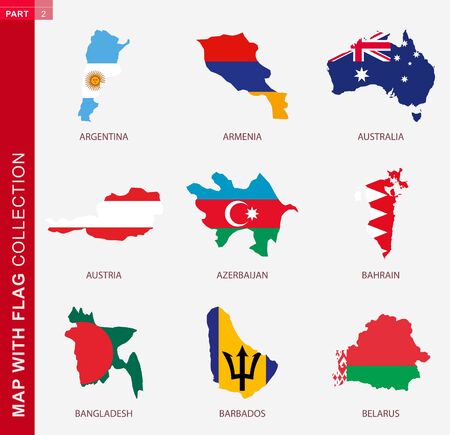 Map with flag collection, nine map contour with flag of Argentina, Armenia, Australia, Austria, Azerbaijan, Bahrain, Bangladesh, Barbados, Belarusのイラスト素材