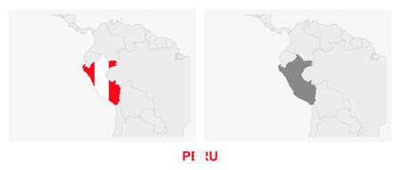 Two versions of the map of Peru, with the flag of Peru and highlighted in dark grey. Vector map.のイラスト素材