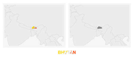 Two versions of the map of Bhutan, with the flag of Bhutan and highlighted in dark grey. Vector map.のイラスト素材