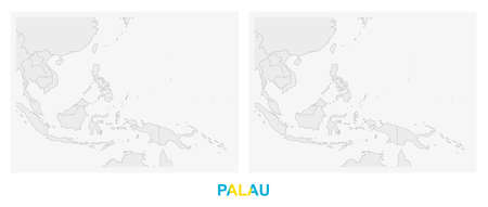 Two versions of the map of Palau, with the flag of Palau and highlighted in dark grey. Vector map.のイラスト素材