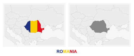 Two versions of the map of Romania, with the flag of Romania and highlighted in dark grey. Vector map.のイラスト素材