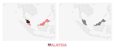 Two versions of the map of Malaysia, with the flag of Malaysia and highlighted in dark grey. Vector map.のイラスト素材