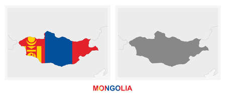 Two versions of the map of Mongolia, with the flag of Mongolia and highlighted in dark grey. Vector map.のイラスト素材