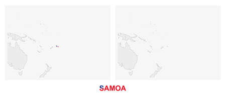 Two versions of the map of Samoa, with the flag of Samoa and highlighted in dark grey. Vector map.のイラスト素材
