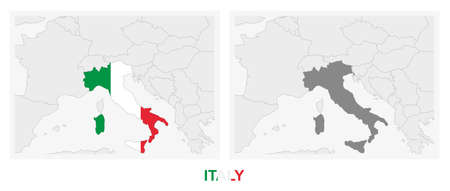 Two versions of the map of Italy, with the flag of Italy and highlighted in dark grey. Vector map.のイラスト素材