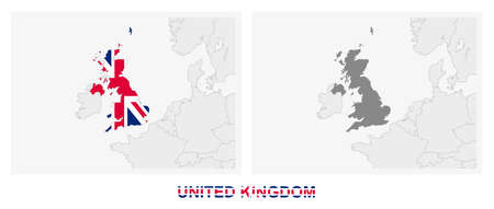 Two versions of the map of United Kingdom, with the flag of United Kingdom and highlighted in dark grey. Vector map.のイラスト素材