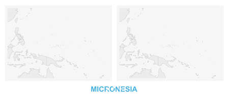 Two versions of the map of Micronesia, with the flag of Micronesia and highlighted in dark grey. Vector map.のイラスト素材