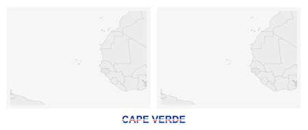 Two versions of the map of Cape Verde, with the flag of Cape Verde and highlighted in dark grey. Vector map.のイラスト素材