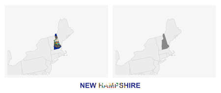 Two versions of the map of US State New Hampshire, with the flag of New Hampshire and highlighted in dark grey. Vector map.のイラスト素材