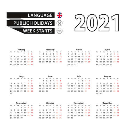 Calendar 2021 in English language, week starts on Monday. Vector calendar 2021 year.のイラスト素材