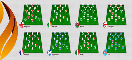 Player position on Rugby field of Rugby Autumn Nations Cup participants: England, France, Ireland, Italy, Scotland, Wales, Georgia and Fiji teamのイラスト素材