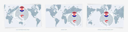 Three versions of the World Map with the enlarged map of Croatia with flag. Europe, Asia, and...