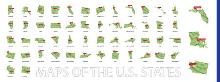 Green Gradient Low Poly US States Maps with the Stateâs Capital Sign. Big Collection of US States Maps Sorted by Alphabetically. Vector Illustration.のイラスト素材