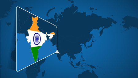 Location of India on the World Map with Enlarged Map of India with Flag. Geographical Vector Template for your design.のイラスト素材