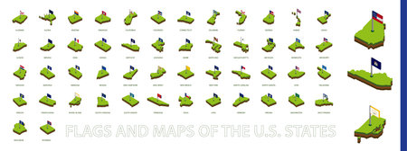 US States Isometric Map and Flag Collection. All US State maps and flags. Vector collection.のイラスト素材