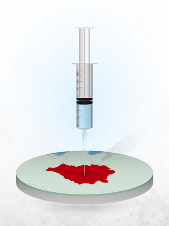 Vaccination of Belarus, injection of a syringe into a map of Belarus. Vector illustration of a syringe with vaccine and map.のイラスト素材