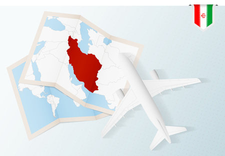 Travel to Iran, top view airplane with map and flag of Iran. Travel and tourism banner design.