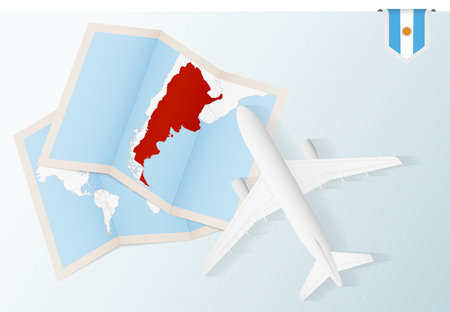 Travel to Argentina, top view airplane with map and flag of Argentina. Travel and tourism banner design.のイラスト素材