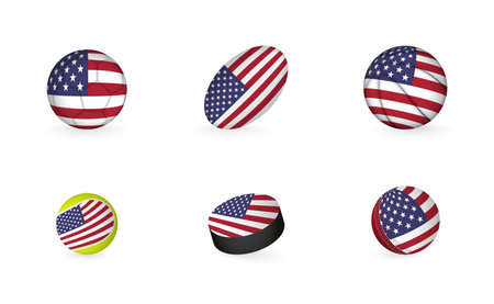 Sports equipment with flag of USA. Sports icon set of Football, Rugby, Basketball, Tennis, Hockey, Cricket.のイラスト素材