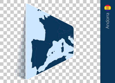 Andorra map and flag on transparent background. Highlighted Andorra on blue vector map.のイラスト素材