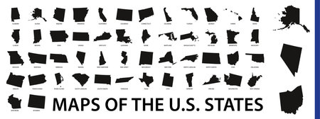 Collection of outline shape of US states map in black. Vector flat design.のイラスト素材