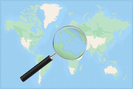 Map of the world with a magnifying glass on a map of Malta Detailed map of Malta and neighboring countries in the magnifying glass.のイラスト素材