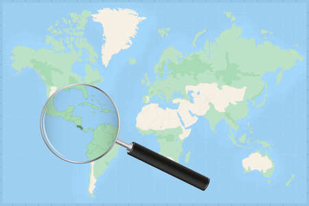Map of the world with a magnifying glass on a map of Costa Rica Detailed map of Costa Rica and neighboring countries in the magnifying glass.のイラスト素材