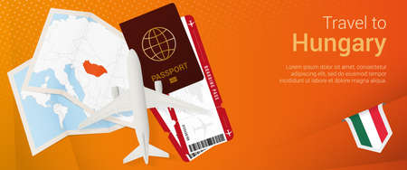 Travel to Hungary pop-under banner. Trip banner with passport, tickets, airplane, boarding pass, map and flag of Hungary. Vector template.のイラスト素材