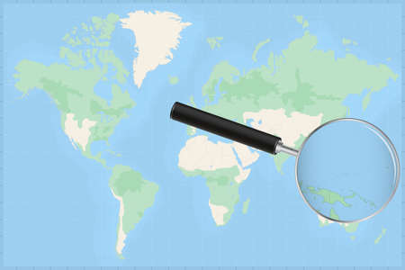 Map of the world with a magnifying glass on a map of Micronesia Detailed map of Micronesia and neighboring countries in the magnifying glass.のイラスト素材