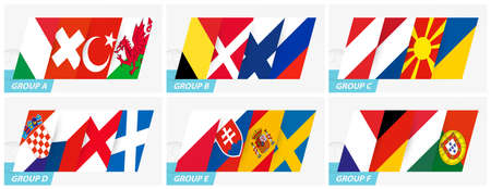 Final stage of European soccer competition 2020 groups concept. Vector country flag collection.