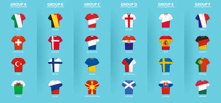 Football Shirts with flag of European football competition participants sorted by group. Soccer shirts collection.のイラスト素材