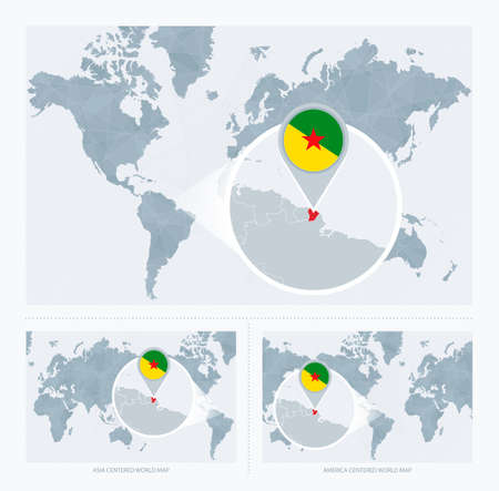 Magnified French Guiana over Map of the World, 3 versions of the World Map with flag and map of French Guiana. Vector Illustration.のイラスト素材