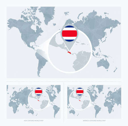 Magnified Costa Rica over Map of the World, 3 versions of the World Map with flag and map of Costa Rica. Vector Illustration.のイラスト素材