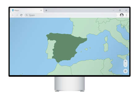 Computer monitor with map of Spain in browser, search for the country of Spain on the web mapping...