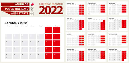 2022 Calendar Planner Design, week starts from Monday.のイラスト素材