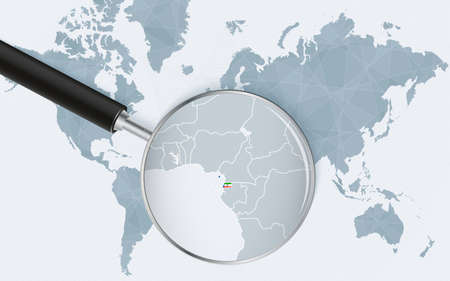 World map with a magnifying glass pointing at Equatorial Guinea. Map of Equatorial Guinea with the flag in the loop. Vector illustration.のイラスト素材