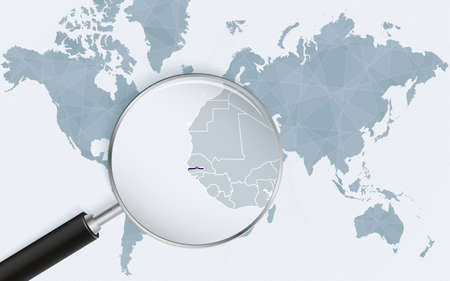 World map with a magnifying glass pointing at Gambia. Map of Gambia with the flag in the loop. Vector illustration.のイラスト素材