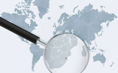 World map with a magnifying glass pointing at Swaziland. Map of Swaziland with the flag in the loop. Vector illustration.のイラスト素材