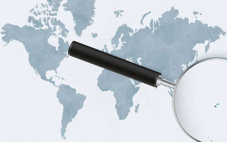 World map with a magnifying glass pointing at Fiji. Map of Fiji with the flag in the loop. Vector illustration.のイラスト素材