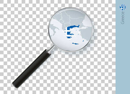 Greece map with flag in magnifying glass on transparent background. Vector loupe with map.のイラスト素材