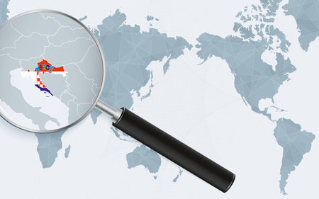 Asia centered world map with magnified glass on Croatia. Focus on map of Croatia on Pacific-centric World Map. Vector illustration.のイラスト素材