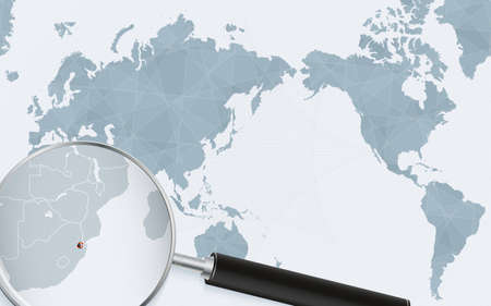 Asia centered world map with magnified glass on Swaziland. Focus on map of Swaziland on Pacific-centric World Map. Vector illustration.のイラスト素材