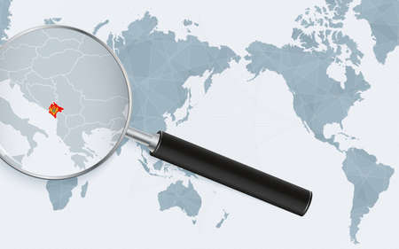 Asia centered world map with magnified glass on Montenegro. Focus on map of Montenegro on Pacific-centric World Map. Vector illustration.のイラスト素材
