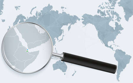 Asia centered world map with magnified glass on Djibouti. Focus on map of Djibouti on Pacific-centric World Map. Vector illustration.のイラスト素材