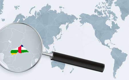 Asia centered world map with magnified glass on Central African Republic. Focus on map of Central African Republic on Pacific-centric World Map. Vector illustration.のイラスト素材