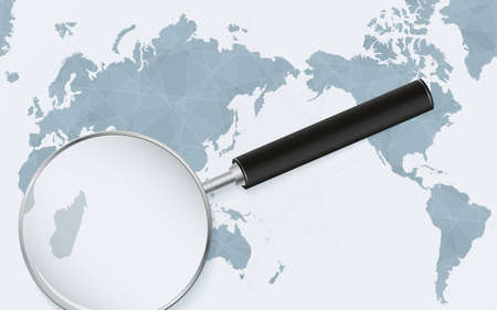 Asia centered world map with magnified glass on Mauritius. Focus on map of Mauritius on Pacific-centric World Map. Vector illustration.のイラスト素材