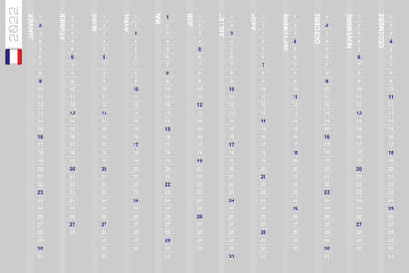 One-row vertical calendar for the year 2022 in French. French calendar for 2022 with highlighted Sundays. Vector illustration.のイラスト素材