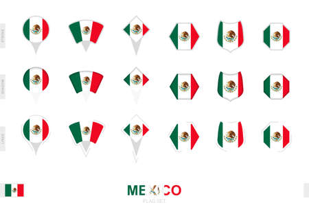 Collection of the Mexico flag in different shapes and with three different effects. Vector flag set.のイラスト素材