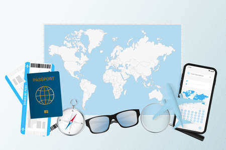 Top view of the travel template, a map of the world with travel gear. Vector templateのイラスト素材